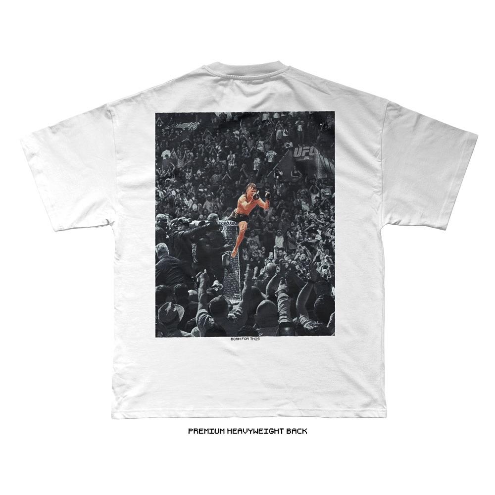 Camiseta branca Born For This, costas, com foto de Diego Lopes na grade